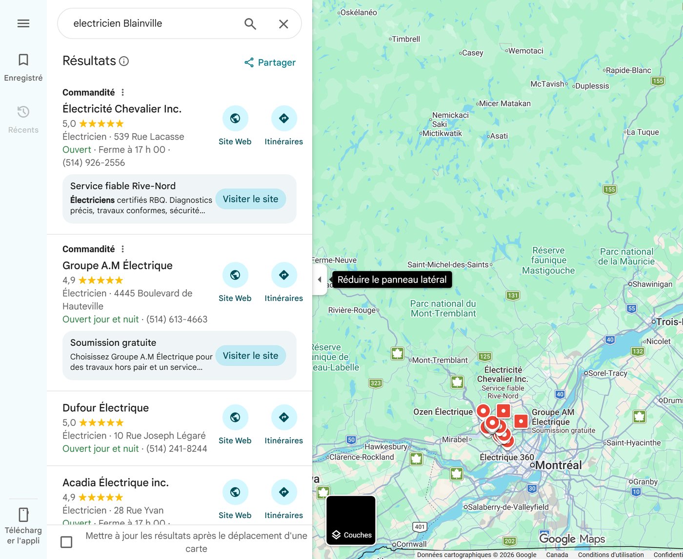 Résultats Google Maps pour la recherche électricien à Blainville : la liste des fiches avec leurs étoiles sort avant les sites web