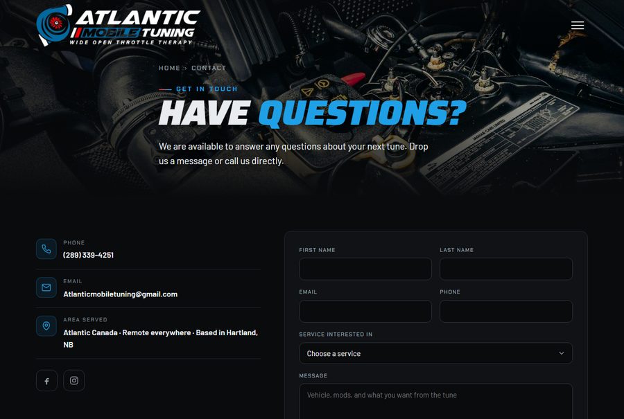 La page Contact d'Atlantic Mobile Tuning