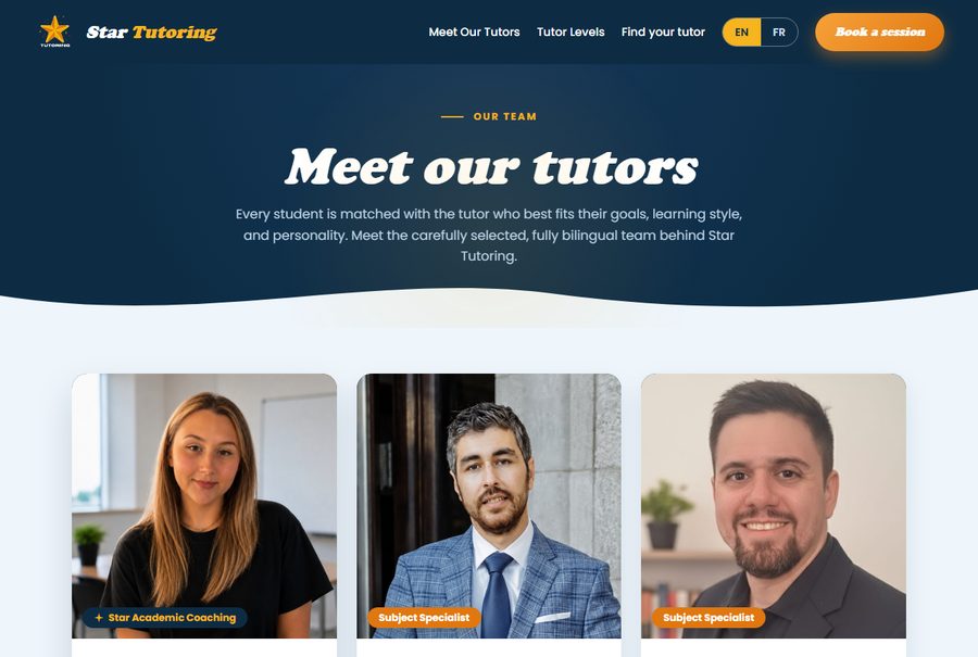 La page des tuteurs de Star Tutoring